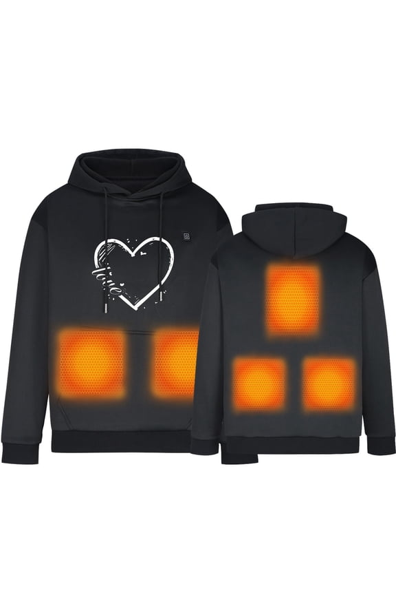 Unisex Heated Hoodie Fast Warm Up 5 Heat Zones Usb Constant Temperature Warm Pullover Hoodie Love Print Heart Heated Tops Winter Outdoor Long Sleeve Warm Sweatshirt Regular Fit Men Hoodie