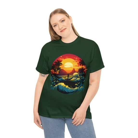 Unisex Heavy Cotton T-Shirt Perfect Beach Sunset w/ Waves 036