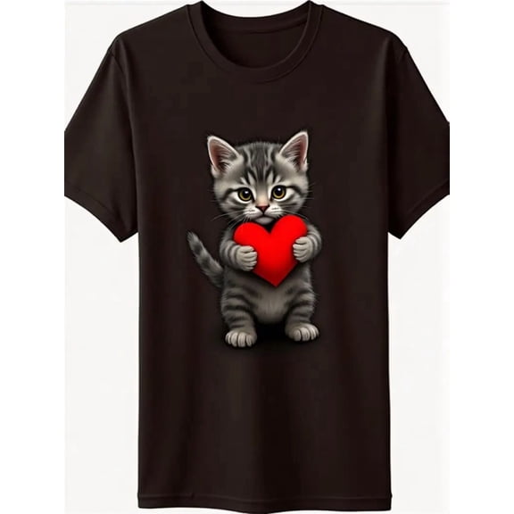 Unisex Heavyweight T-Shirt - Cute Gray Kitten Holding Red Heart Design - Soft Breathable Fabric, Durable Print, Comfort Fit Round Neck Short Sleeve - Ideal Romantic Gift for