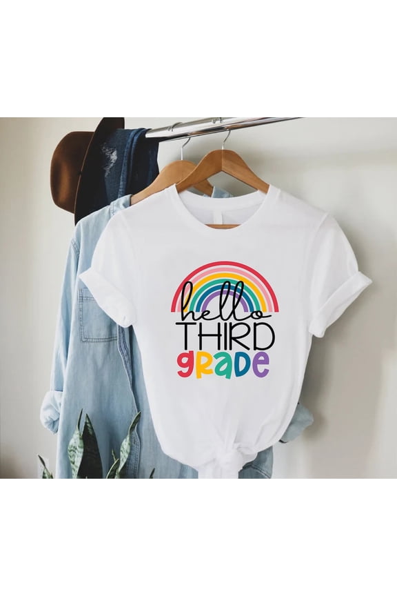 Unisex Hello Third Grade Rainbow School T-Shirt Cotton Graphic Tee-All Size S-5Xl