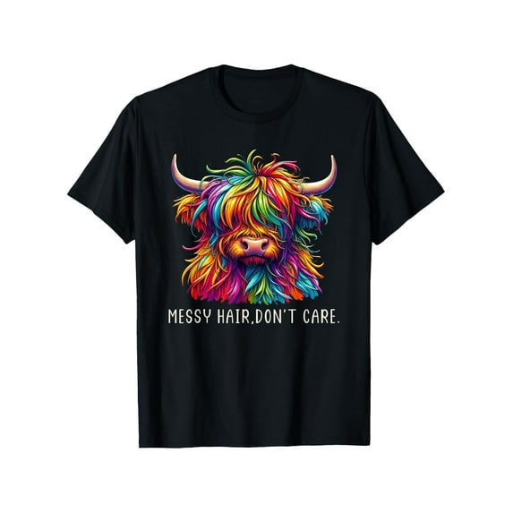 Unisex Highland Cow Graphic T-Shirt | 100% Cotton | Multi-Color 'Messy Hair Don't Care' Design | Casual Round Neck | All-Season Comfort | Machine Washable & Dry Clean Safe | Sizes S-XXXL, Casual Wear