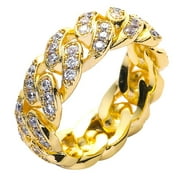 ARCO IRIS JEWELRY Unisex Hip Hop 14k Gold Plated Miami Cuban Link Chain Style CZ Fully Iced Ring, Gold Color