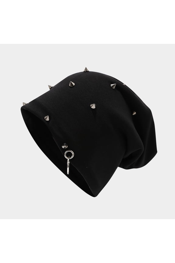 Unisex Hip Hop Beanie Hat with Metal Rings Studded Streetwear Skull Cap