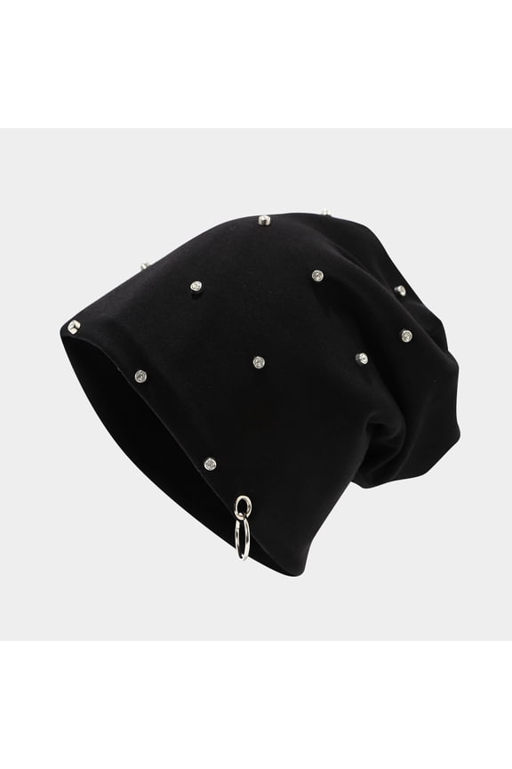 Unisex Hip Hop Beanie Hat with Metal Rings Studded Streetwear Skull Cap