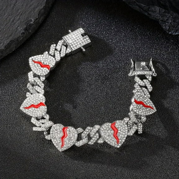 Unisex Hip Pop Broken Heart Cuban Chains Bracelet Cubic Zirconia Rapper Party Jewelry Accessories