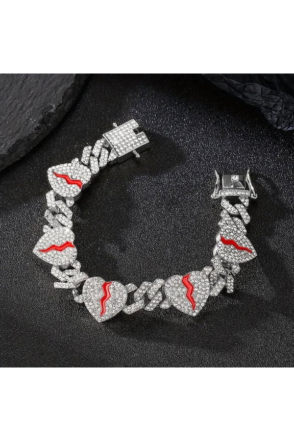 Unisex Hip Pop Broken Heart Cuban Chains Bracelet Cubic Zirconia Rapper Party Jewelry Accessories