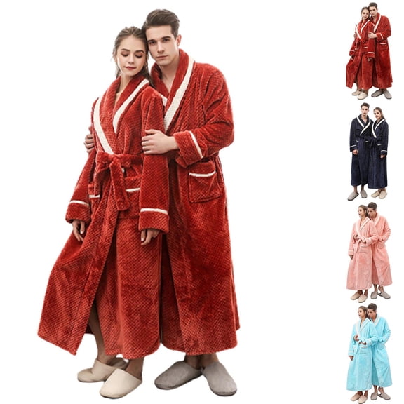 Unisex His and Hers Robes Flannel Long Length Matching Robes for Couples Warm Thickened Bathrobe Plus Size Shower Robe Sleepwear Pink XL