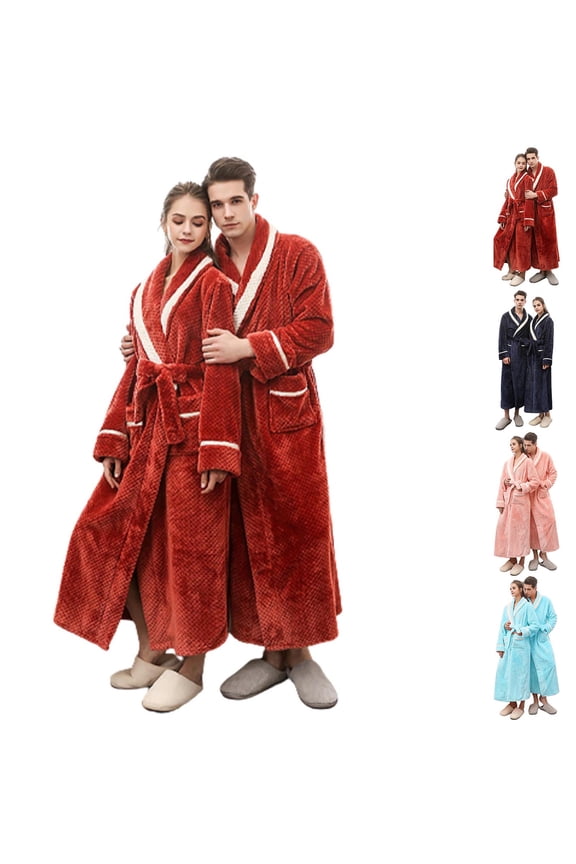 Unisex His and Hers Robes Flannel Long Length Matching Robes for Couples Warm Thickened Bathrobe Plus Size Shower Robe Sleepwear Red XL