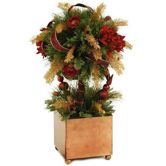 Unisex Holiday Pine Topiary Mixed with Ornaments & Ribbon in Gold Box Container - Green
