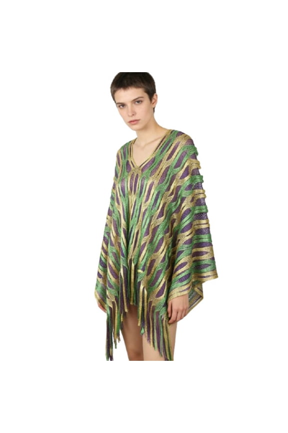 Unisex Hollow Knit Cape Shawl, Loose Bat Sleeve Tassel Fringe Poncho with Color Block, Irregular Asymmetrical Long Shawl for Festival, Party, Beach Cover Up and Boho Chic Outfit-Green