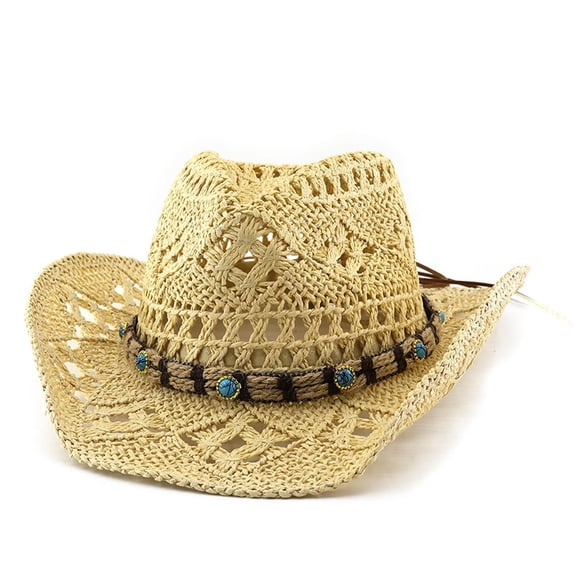 Unisex Hollow‑Woven Straw Cowboy Hat, Wide Bendable Brim Breathable Sun Hat for Summer Beach Vacation Outdoor Activities