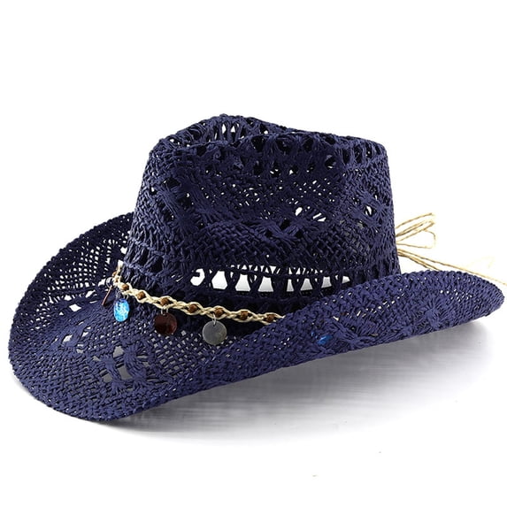 Unisex Hollow‑Woven Straw Cowboy Hat, Wide Bendable Brim Breathable Sun Hat for Summer Beach Vacation Outdoor Activities