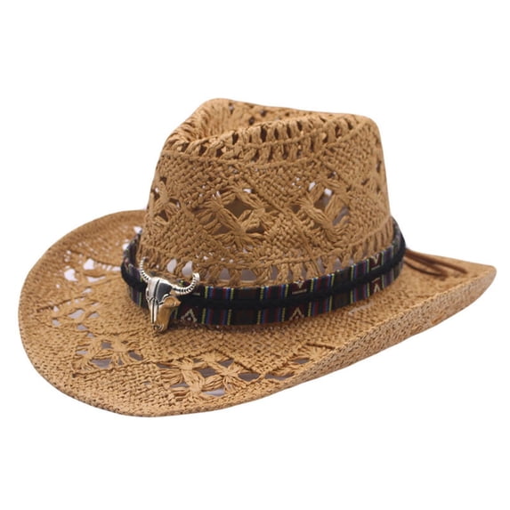 Unisex Hollow‑Woven Straw Cowboy Hat, Wide Bendable Brim Breathable Sun Hat for Summer Beach Vacation Outdoor Activities