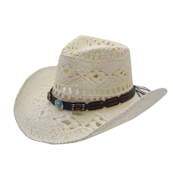 Unisex Hollow‑Woven Straw Cowboy Hat, Wide Bendable Brim Breathable Sun Hat for Summer Beach Vacation Outdoor Activities