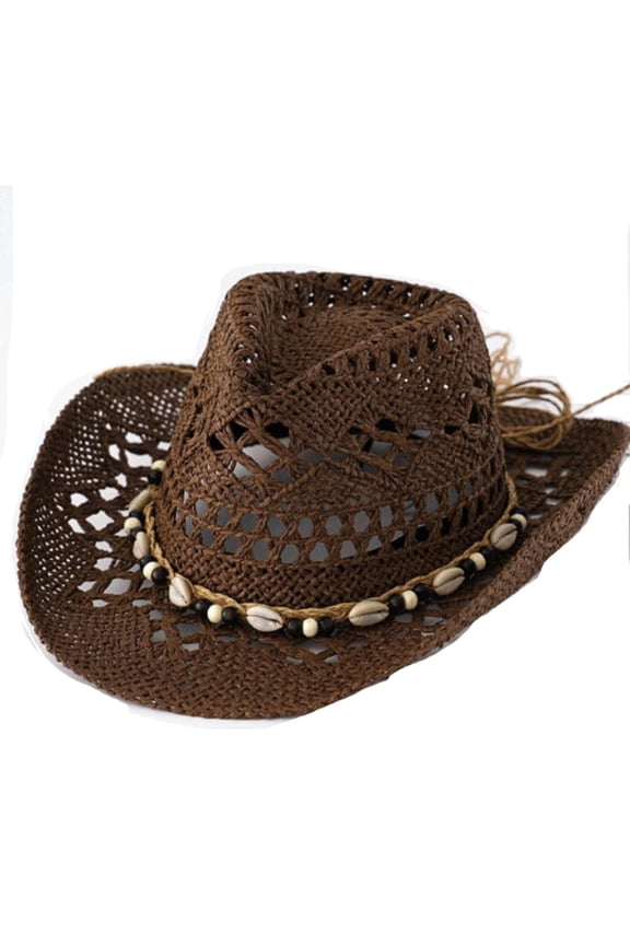 Unisex Hollow‑Woven Straw Cowboy Hat, Wide Bendable Brim Breathable Sun Hat for Summer Beach Vacation Outdoor Activities
