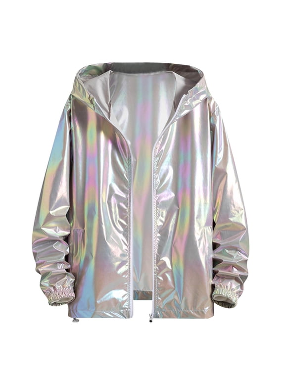 Unisex Holographic Iridescent Sun Protection Hooded Jacket Color Changing Lightweight Thin Windbreaker For Summer Street Style And Outdoor Events,Gray,XXXXL
