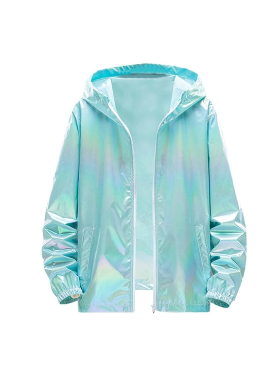 Unisex Holographic Iridescent Sun Protection Hooded Jacket Color Changing Lightweight Thin Windbreaker For Summer Street Style And Outdoor Events,Light Blue,XXXXL
