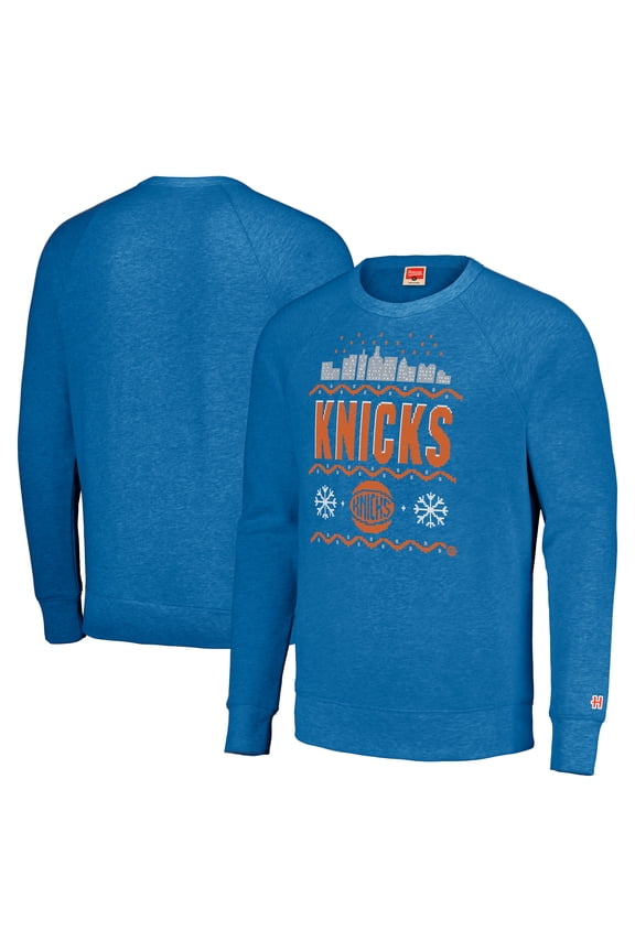 Unisex Homage Blue New York Knicks Holiday Raglan Pullover Sweatshirt