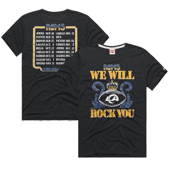 Unisex Homage Charcoal Los Angeles Rams 2026 NFL Schedule Queen Tri-Blend T-Shirt