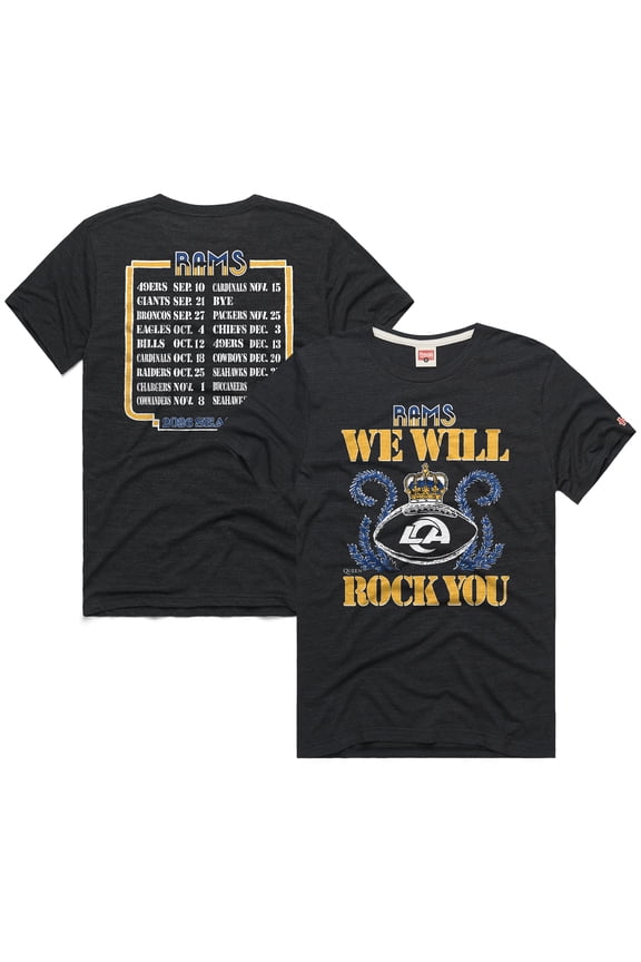 Unisex Homage Charcoal Los Angeles Rams 2026 NFL Schedule Queen Tri-Blend T-Shirt