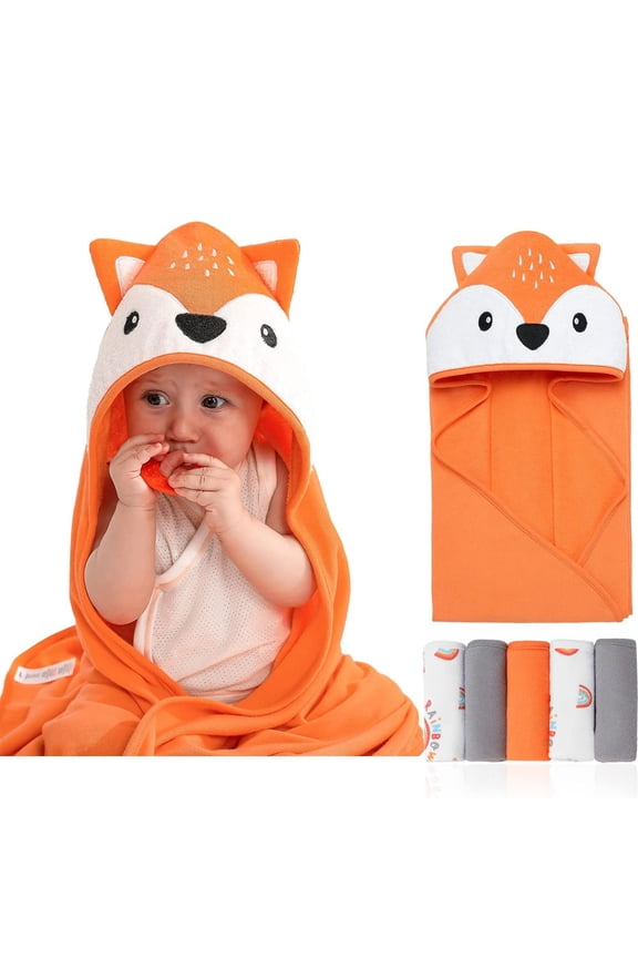 Unisex Hooded Baby Bath Towel for Newborn with 5 Baby Washcloths Animal Ultra Absorbent and Soft Cotton Hooded Bath Towel for Toddler Infant
