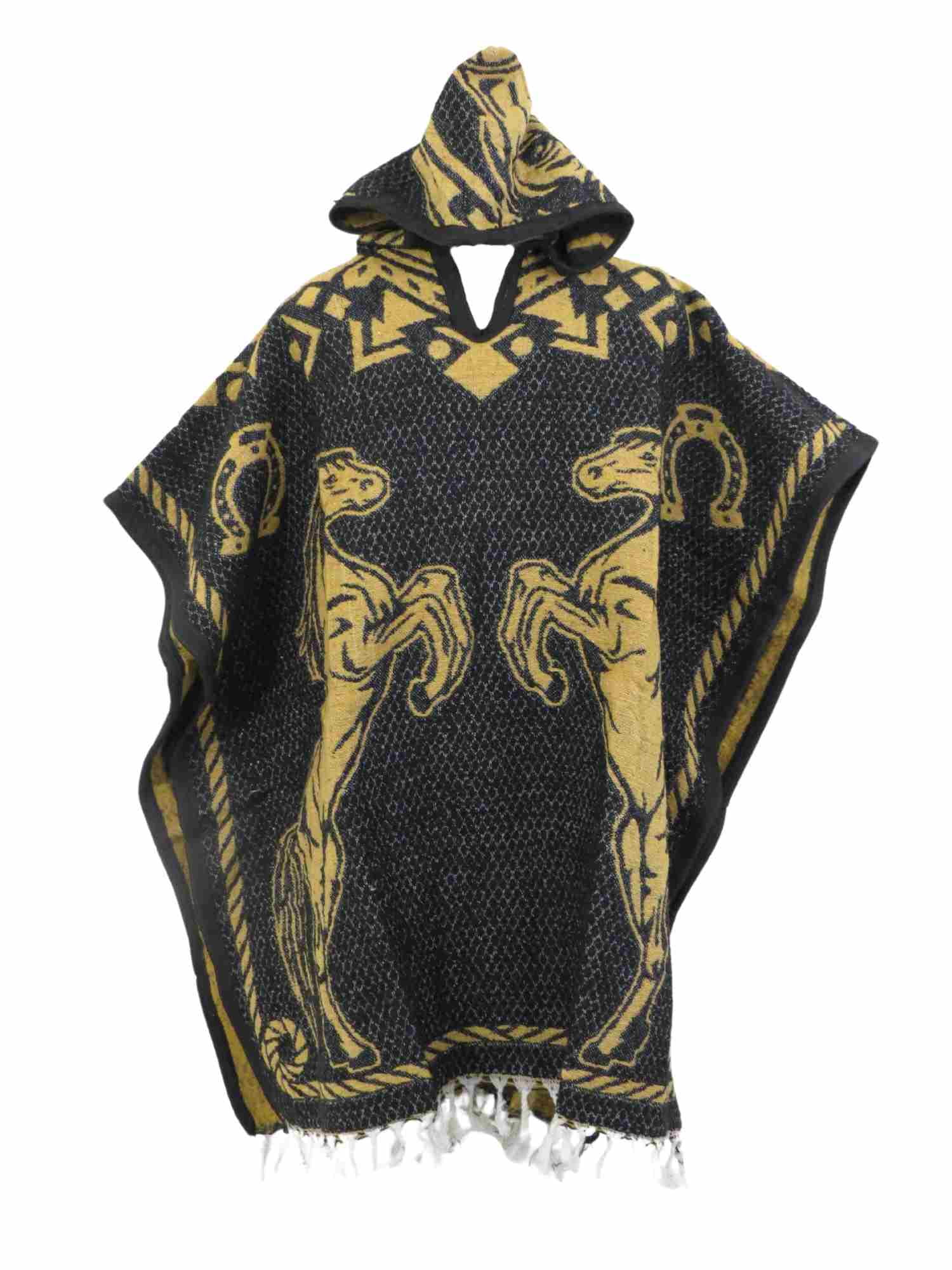Unisex Hooded Reversible Mexican Poncho with Horses Design, Soft & Warm, 100% Acrylic