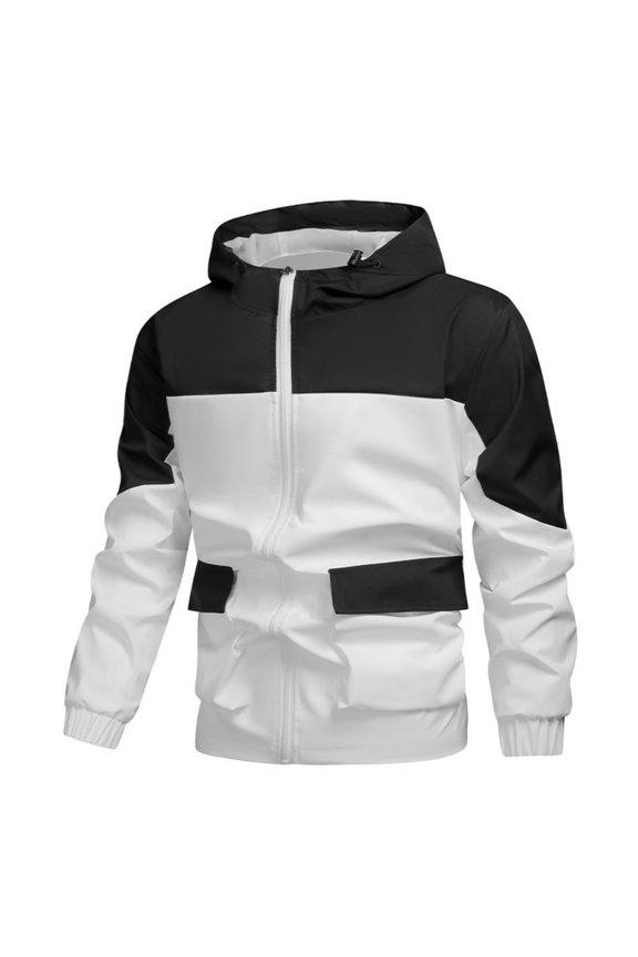 Unisex Hooded Workwear Jacket - Colorblock Sporty Casual Windproof Zip-Up, Loose & Lightweight, Black, L