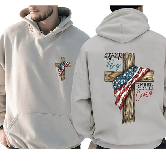 Unisex Hoodie, Stand for the Flag Kneel for the Cross Double-Sided Patriotic Christian Pullover, Faith and Freedom Graphic Hoodie for Men and Women, Sizes S–5XL