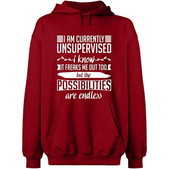 Unisex Hoodie Sweatshirt, I am Currently Unsupervised, Slim Fit, Long Sleeve Sweater - Antiquee Cherry Small