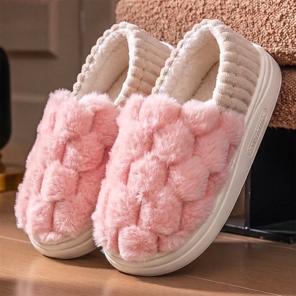 Unisex House Slippers Faux Fur Full Back Closed Toe Indoor Bedroom Shoes with Bubble Texture, Warm Plush Lining Thick Platform Anti-Slip Sole Slip On Home Slippers for Men Women Pink