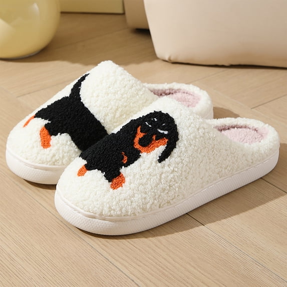 Unisex House Slippers Fuzzy Plush Closed Toe Indoor Bedroom Shoes with Warm Fleece Lining, Dachshund Dog Cartoon Print Soft Cushioned Sole Slip On Home Slippers for Men Women Black