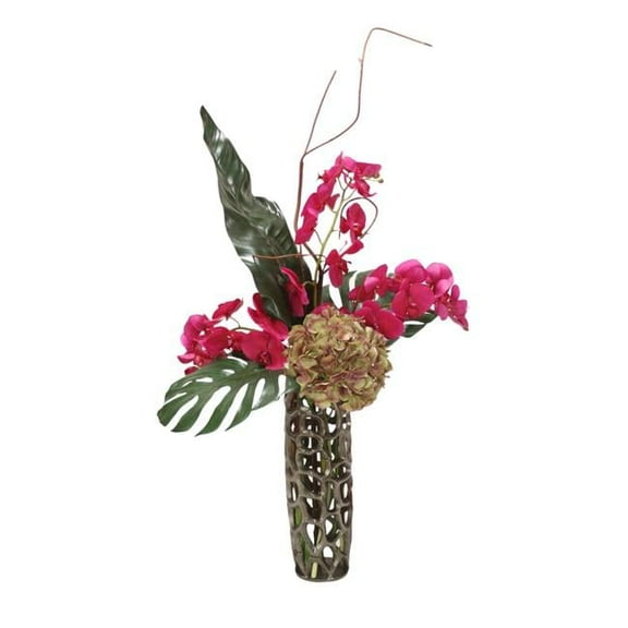 Unisex Hydrangea & Phalaenopsis Orchid with Split Philo Leaf in Open Weave Vase - Green