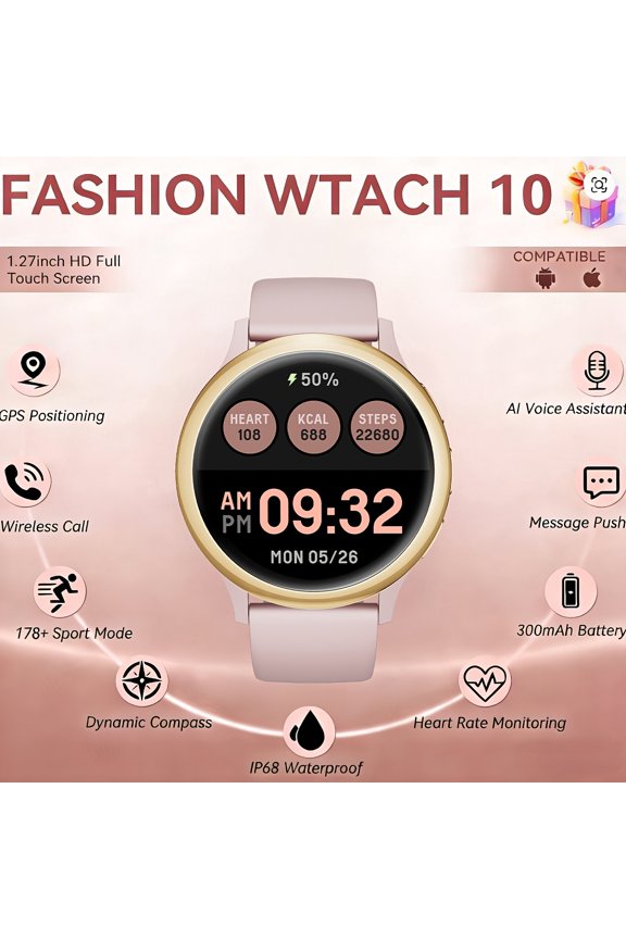 Unisex Smart Watch, IP68 Waterproof, Call & Message Alert, Sleep Health Tracker, 170+ Sports Modes, iOS Android, Gift for Her