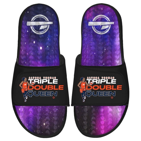 Unisex ISlide Alyssa Thomas Black Connecticut Sun Wordmark Stack Gel Slide Sandals