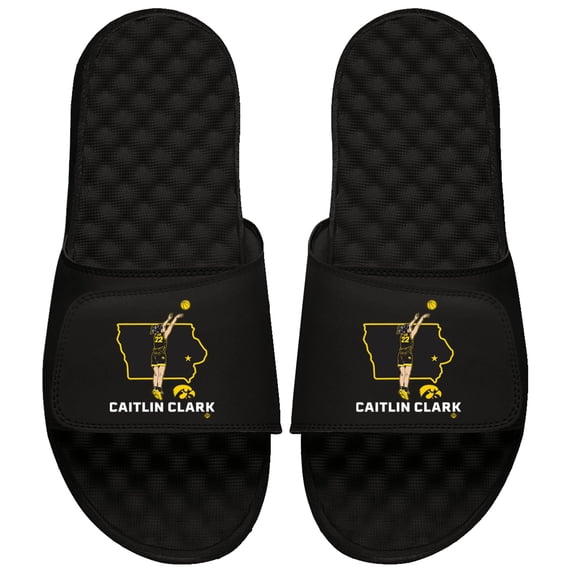 Unisex ISlide Caitlin Clark Black Iowa Hawkeyes Player State Outline Slide Sandals