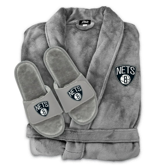 Unisex ISlide Gray Brooklyn Nets Faux Fur Slide Sandals & Robe Bundle