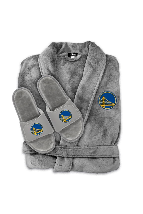 Unisex ISlide  Gray Golden State Warriors Faux Fur Slide Sandals & Robe Bundle