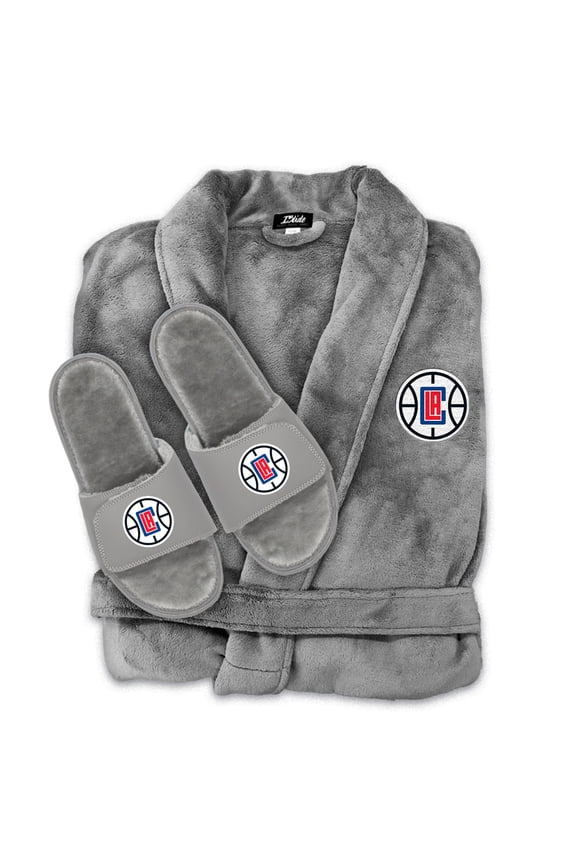 Unisex ISlide  Gray LA Clippers Faux Fur Slide Sandals & Robe Bundle