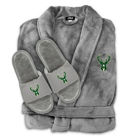 Unisex ISlide Gray Milwaukee Bucks Faux Fur Slide Sandals & Robe Bundle