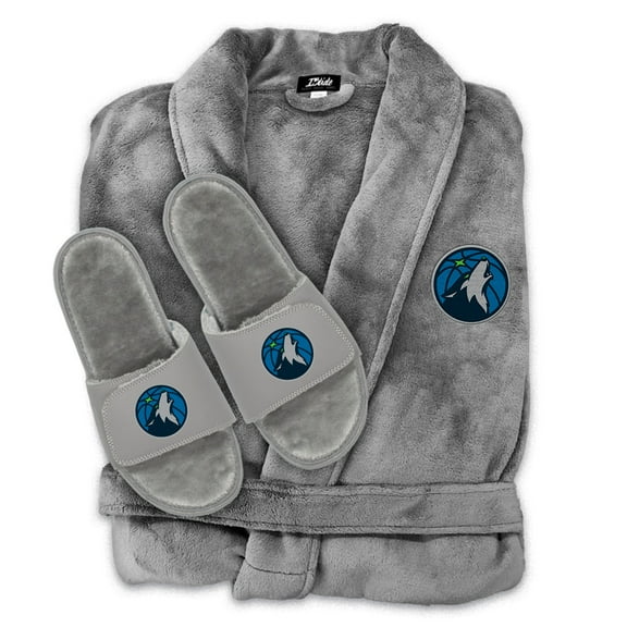 Unisex ISlide Gray Minnesota Timberwolves Faux Fur Slide Sandals & Robe Bundle