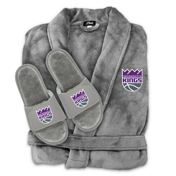Unisex ISlide Gray Sacramento Kings Faux Fur Slide Sandals & Robe Bundle