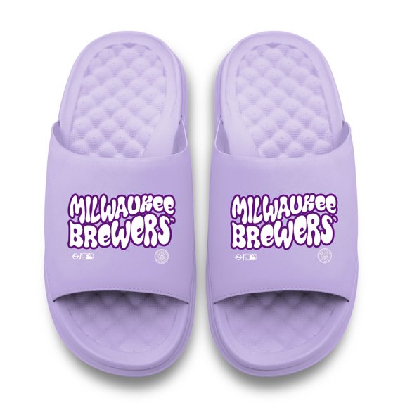 Unisex ISlide Lavender Milwaukee Brewers Bubble Letters Motive Slide Sandals