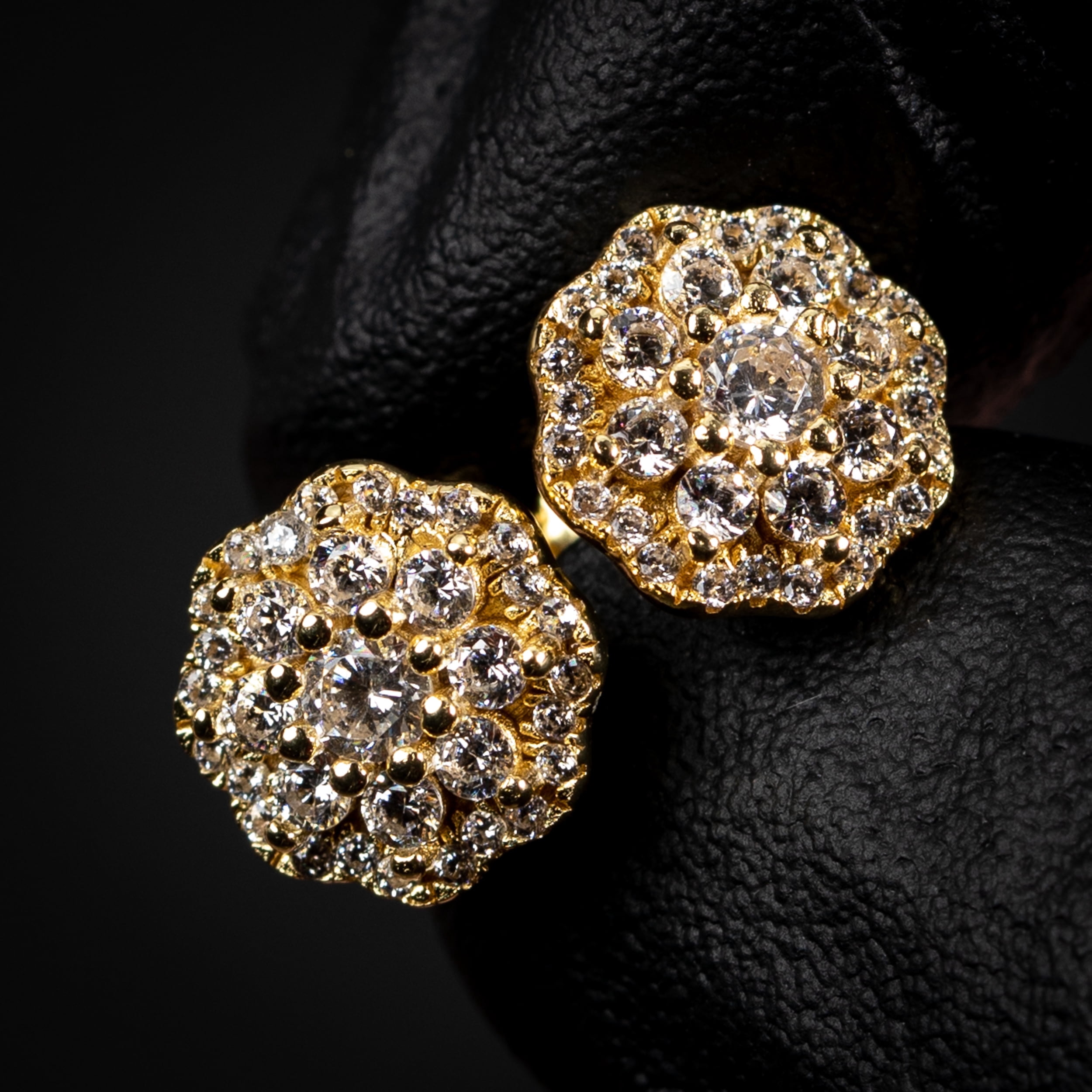 Yellow Gold Plated 925 Sterling Silver Screw Back Post Flower Cluster Honey Comb Set Hip Hop Stud Circle Earrings