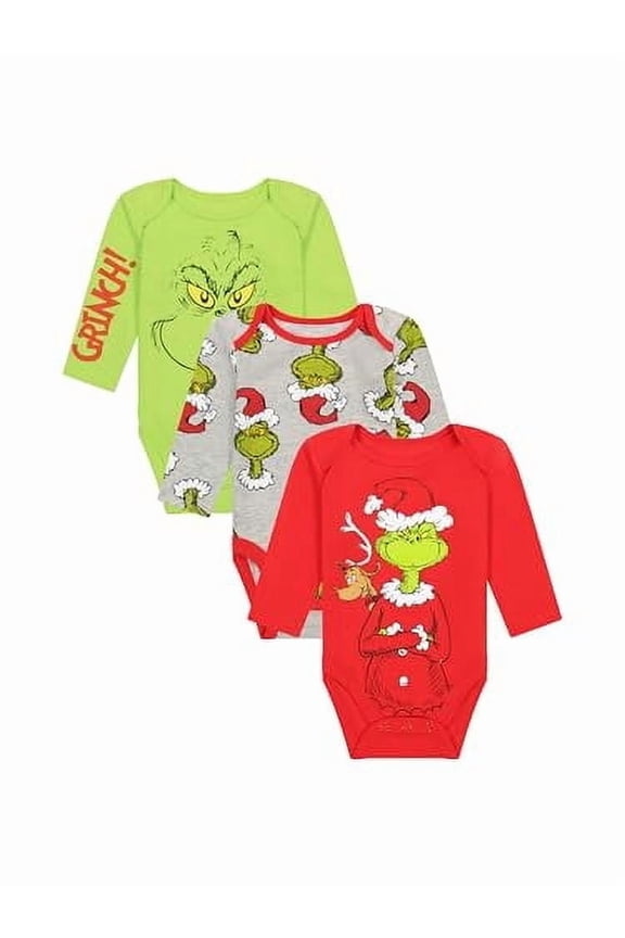 Unisex Infant Long Sleeve 3Pk Grinch Bodysuits, 0-3M