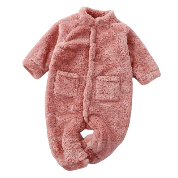 Unisex Baby Winter Romper Jumpsuit Solid Color Long Sleeve Full Length Pants Crew Neck Warm Soft Comfortable for Boys Girls Cold Weather Pink 6 Months-12 Months