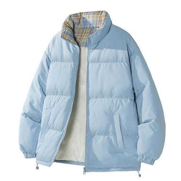 Unisex Inner & Outer Colorblock Checkered Stand-up Collar Bread-style Cotton-padded Jacket - Men's Fleece-lined Thickened Warm Coat, Light Blue, Size XXL