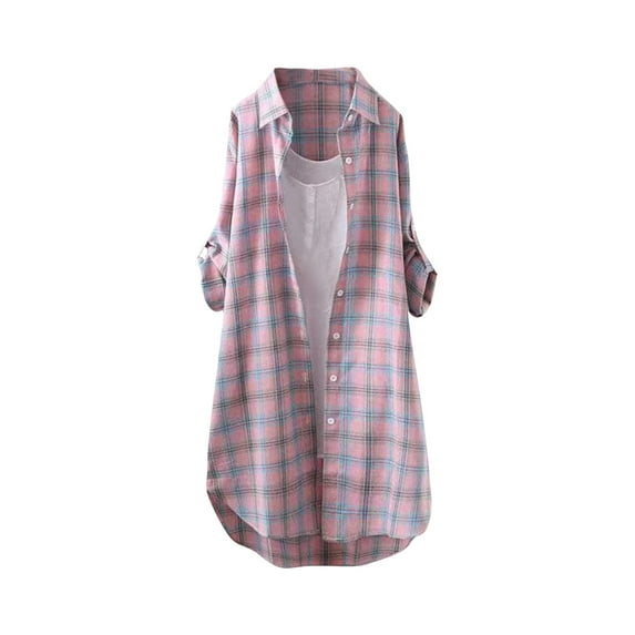 Unisex-Inspired Plaid Overshirt, Lightweight Loose Fit Cardigan with Button Details & Sun-Protective Fabric for Urban Streetwear,Pink XL