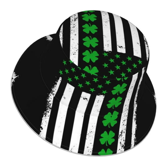 Unisex Ireland America Flag Shamrock Bucket Hat Fisherman Cap Reversible Travel Sunhat With Reflective Stripe
