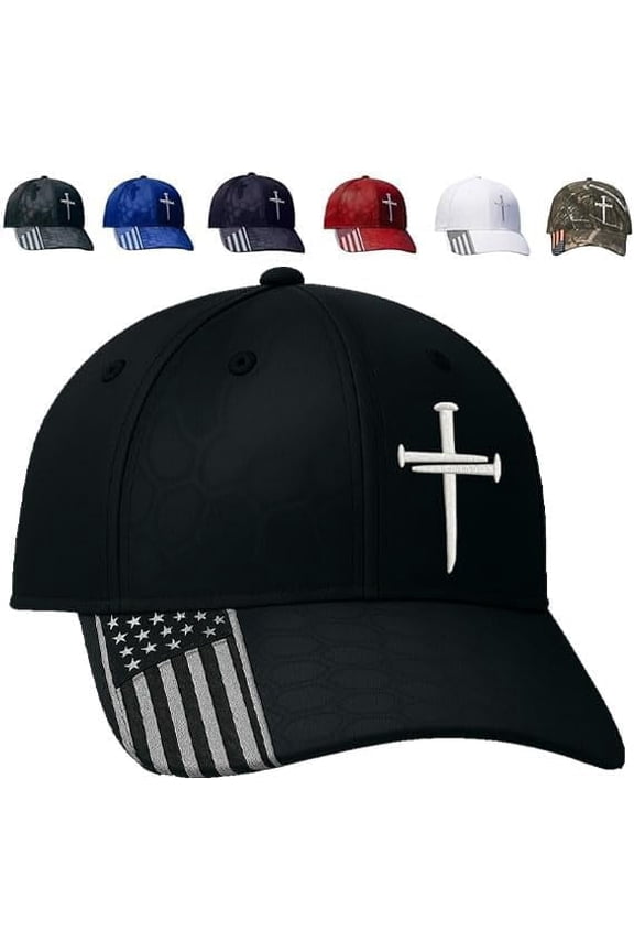 Unisex Jesus 3-Nail Cross Hat | Adjustable American Flag Christian Baseball Cap | Religious Casual HeadwearBlack 1 PCS