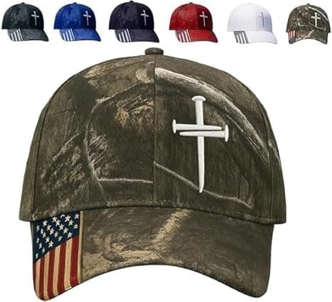 Unisex Jesus 3-Nail Cross Hat | Adjustable American Flag Christian Baseball Cap | Religious Casual Headwear（Camouflage 1 PCS）